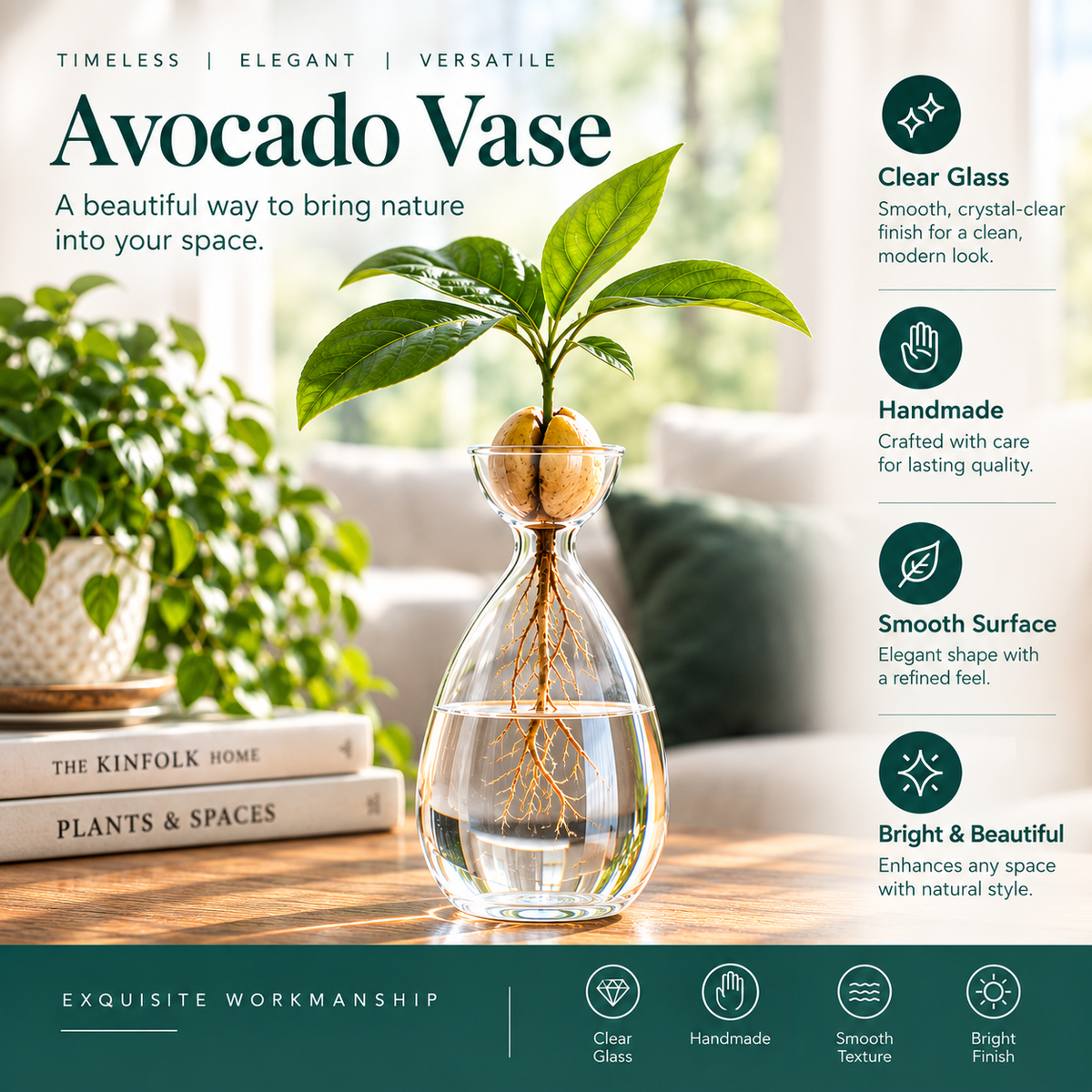 Glass Avocado Seed Vase for Water Sprouting, 1 or 2 Pack