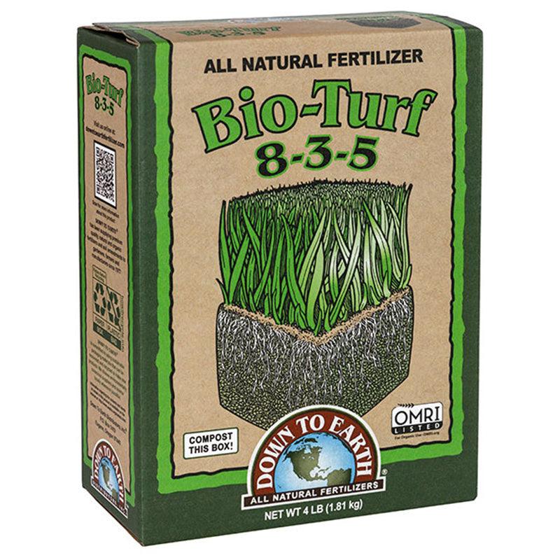 Bio-Turf 8-3-5 all natural fertilizer in a brown kraft paper box with green borders and a grass root illustration on the front, shown on a white background.
