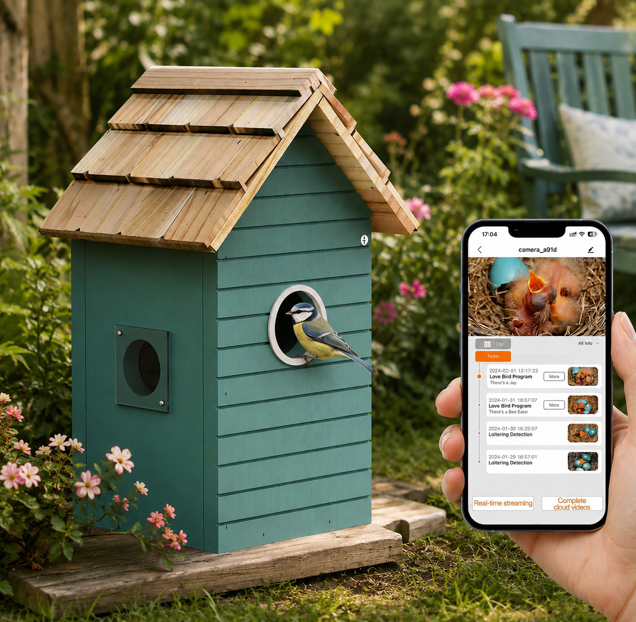 Birdhouse with a bird perched on it, next to a smartphone displaying a bird monitoring app.
