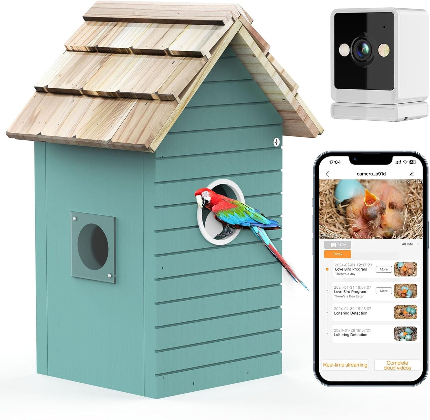 Birdhouse with a parrot, camera, and smartphone app on a white background