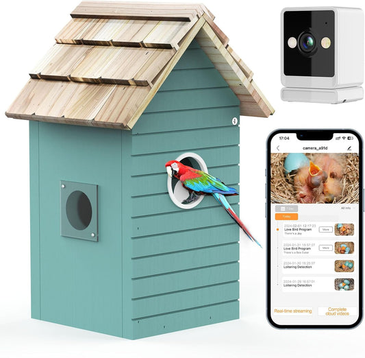 Birdhouse with a parrot, camera, and smartphone app on a white background
