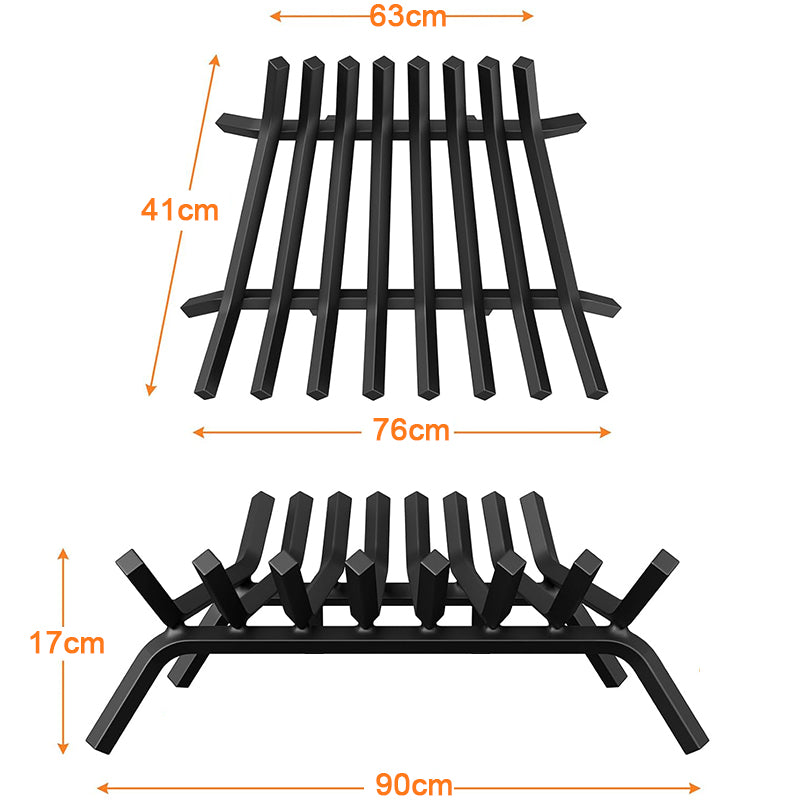 Black metal firegrate with dimensions indicated on a white background