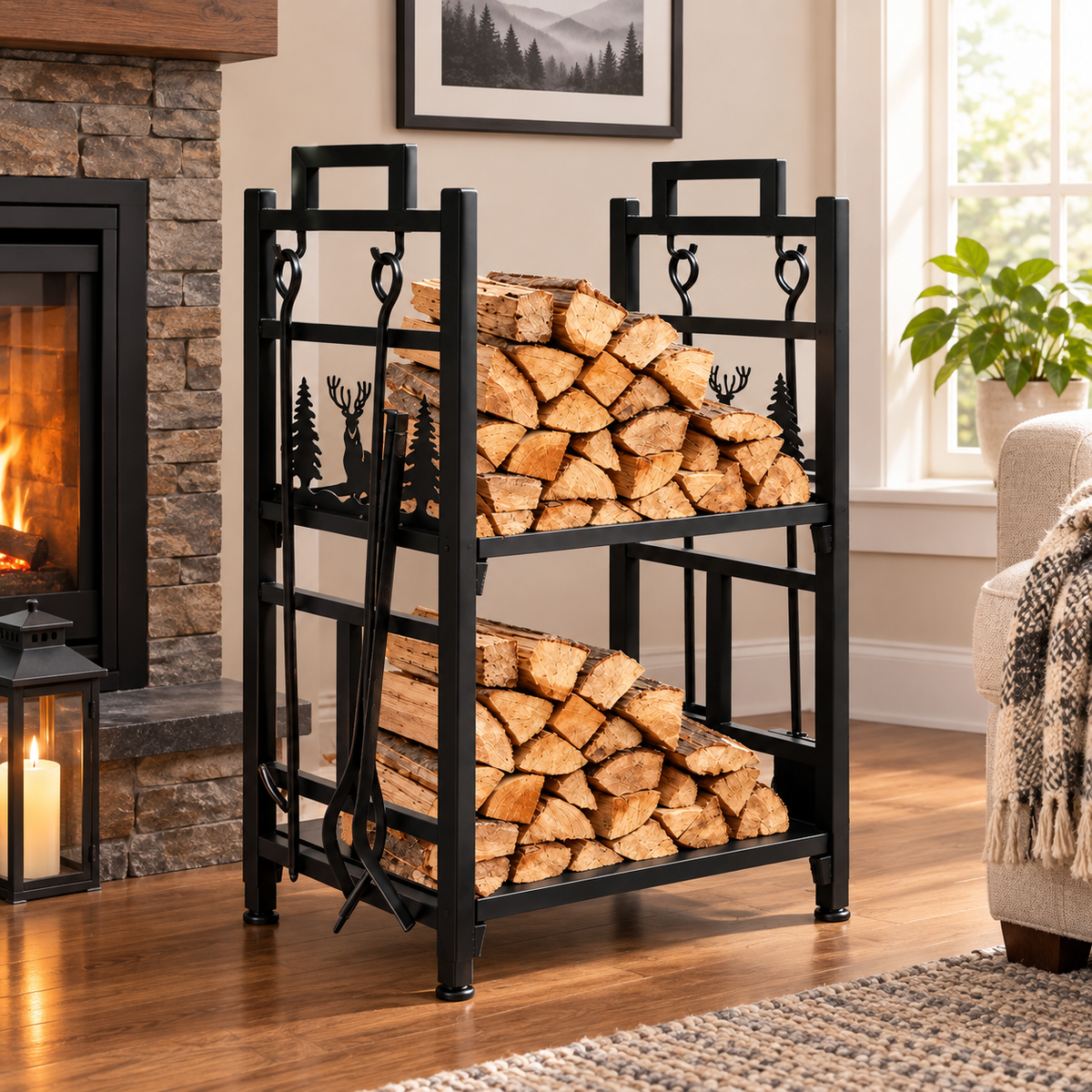 A black metal two-tier firewood rack holding stacked logs, placed in a cozy living room beside a fireplace and window.