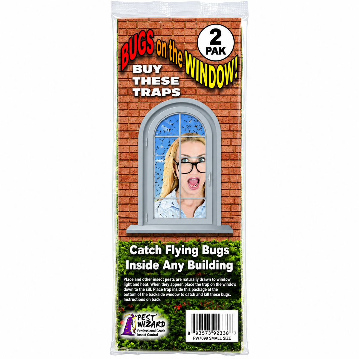 Pack of Pest Wizard 'Bugs on the Window' sticky traps, featuring a brick-patterned window graphic with a shocked woman's face and text advertising a 2-pack.