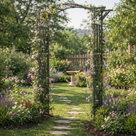 Floral archway in a garden with a path leading through it
