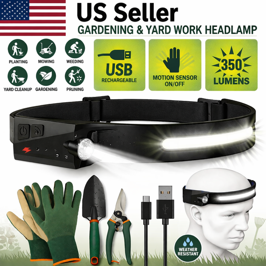 Rechargeable LED Headlamp for Gardening & Outdoor Work – 350 Lumen, 230° Wide Beam