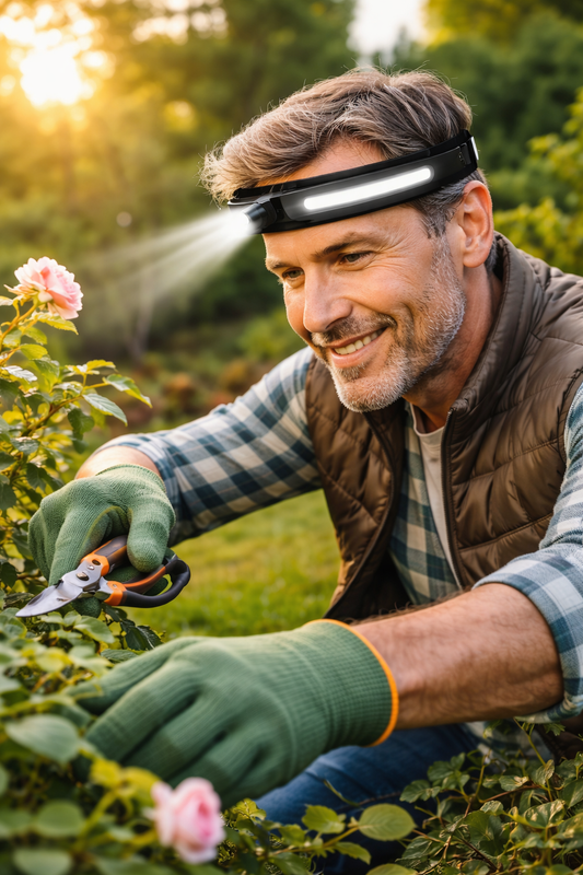 Rechargeable LED Headlamp for Gardening & Outdoor Work – 350 Lumen, 230° Wide Beam