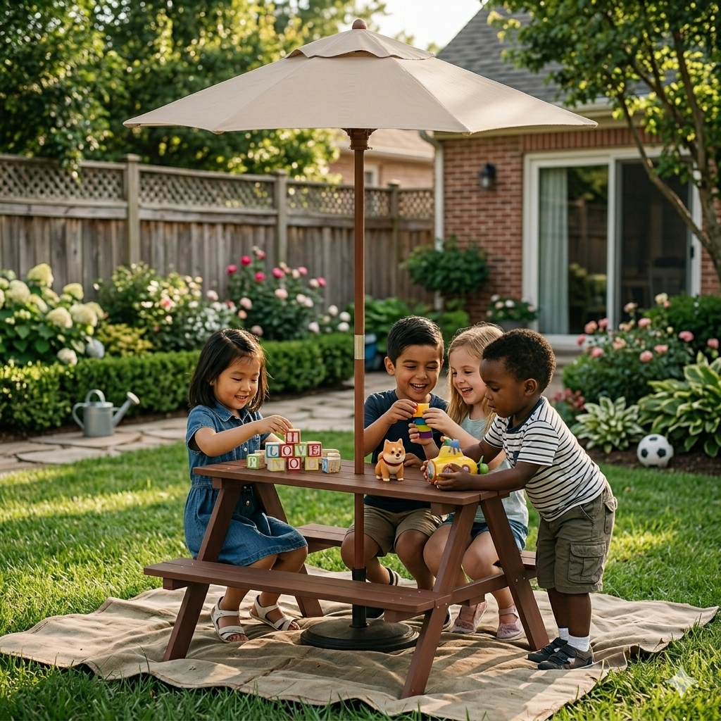 Kids Picnic Table & Bench Set with Removable Umbrella – 4-Seat Fir Wood, Indoor/Outdoor - Rooted Supplies