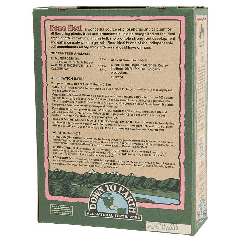 Down to Earth Bone Meal fertilizer overview, analysis application rates, NPK description