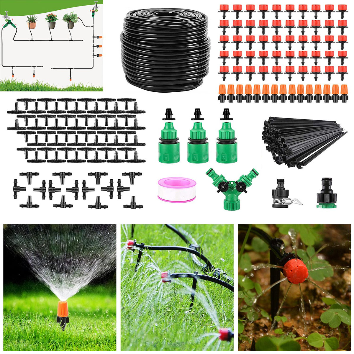 Gardening supplies including hoses, nozzles, and sprinklers on a green grass background.