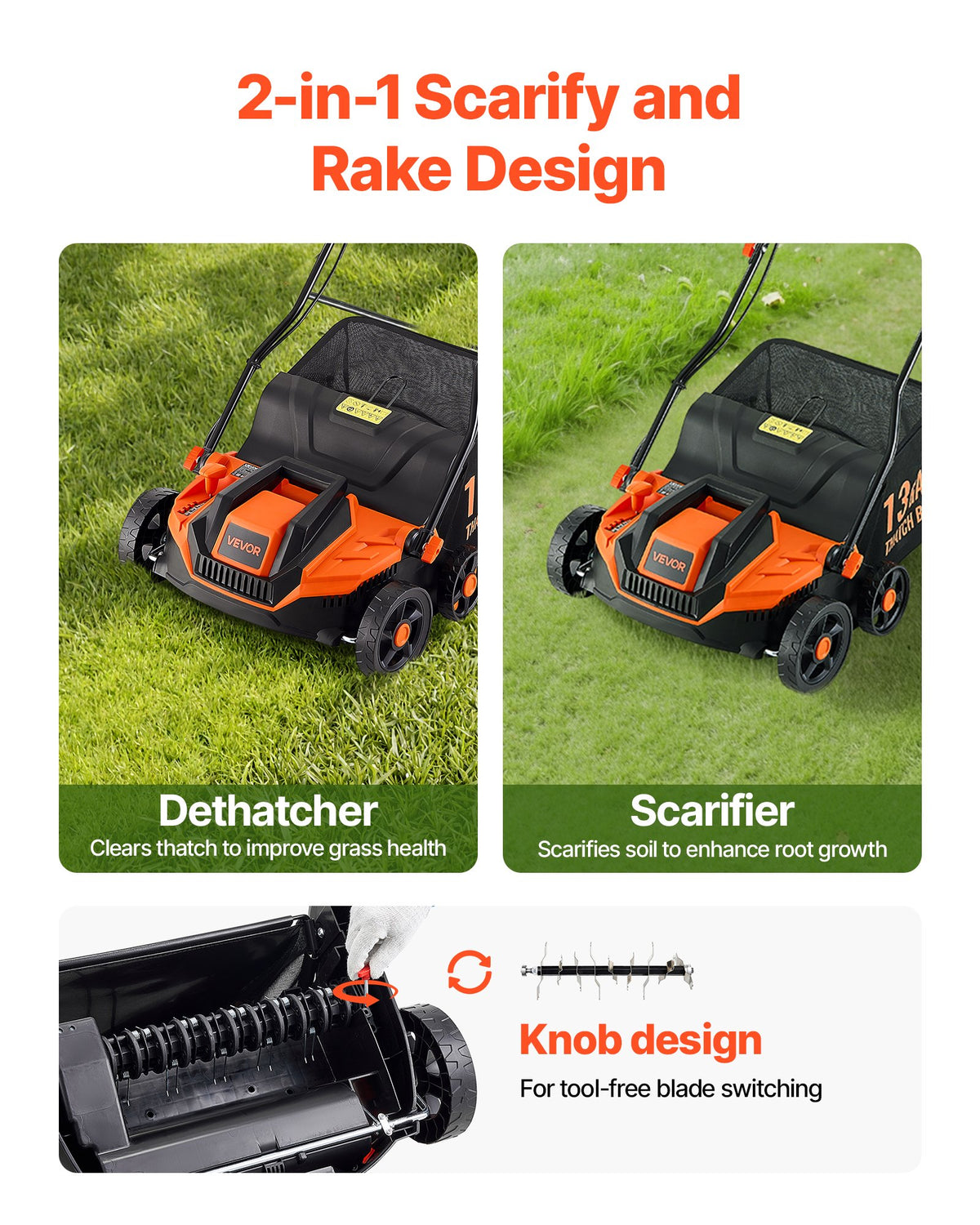 Electric dethatcher with 2-in-1 scarify and rake design on a grassy background
