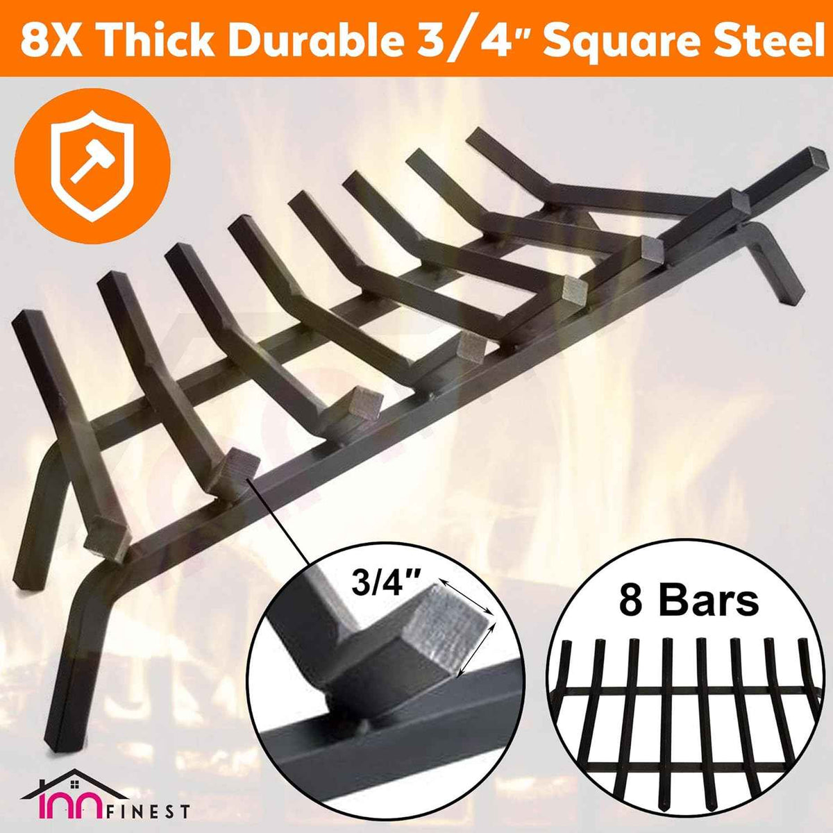 V-Shaped Fireplace Grate, 90 cm Outer Width, 8 Steel Bars