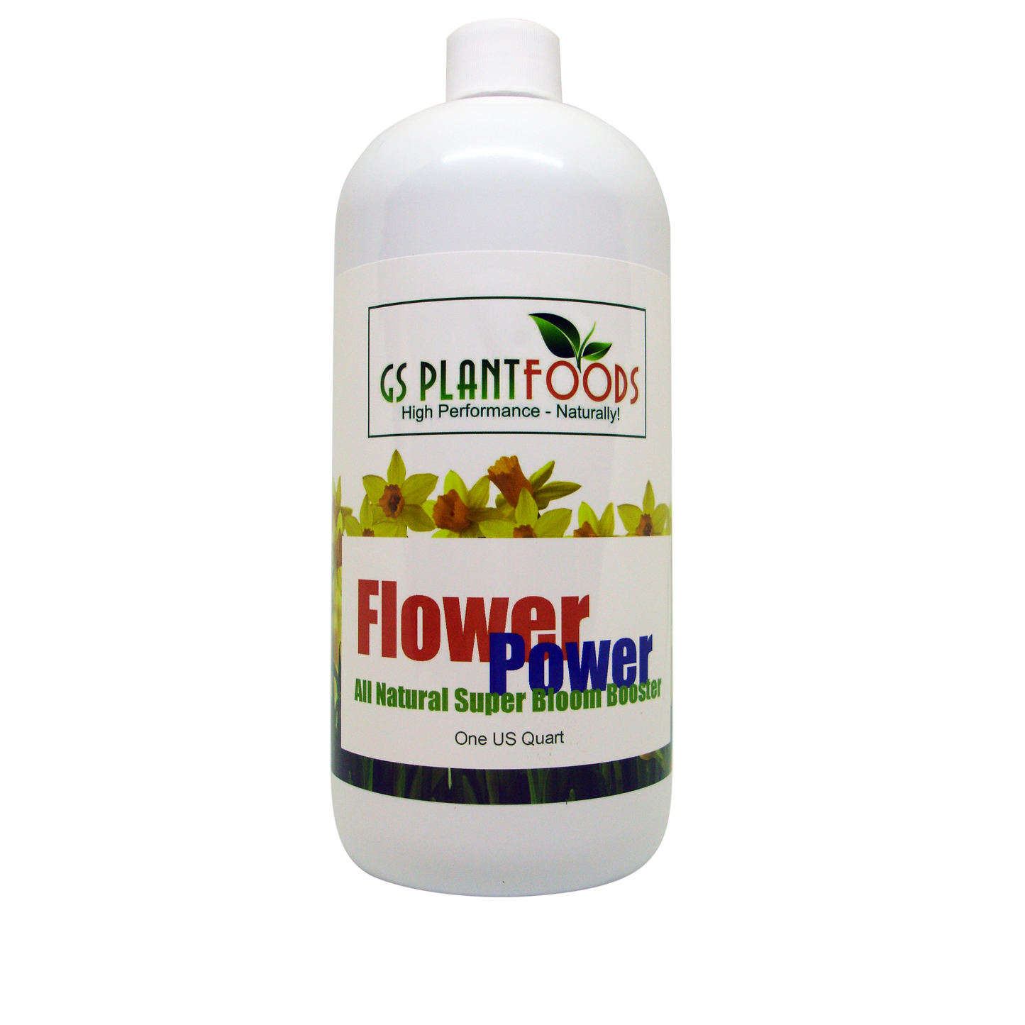 Bottle of GS Plant Foods Flower Power on a white background