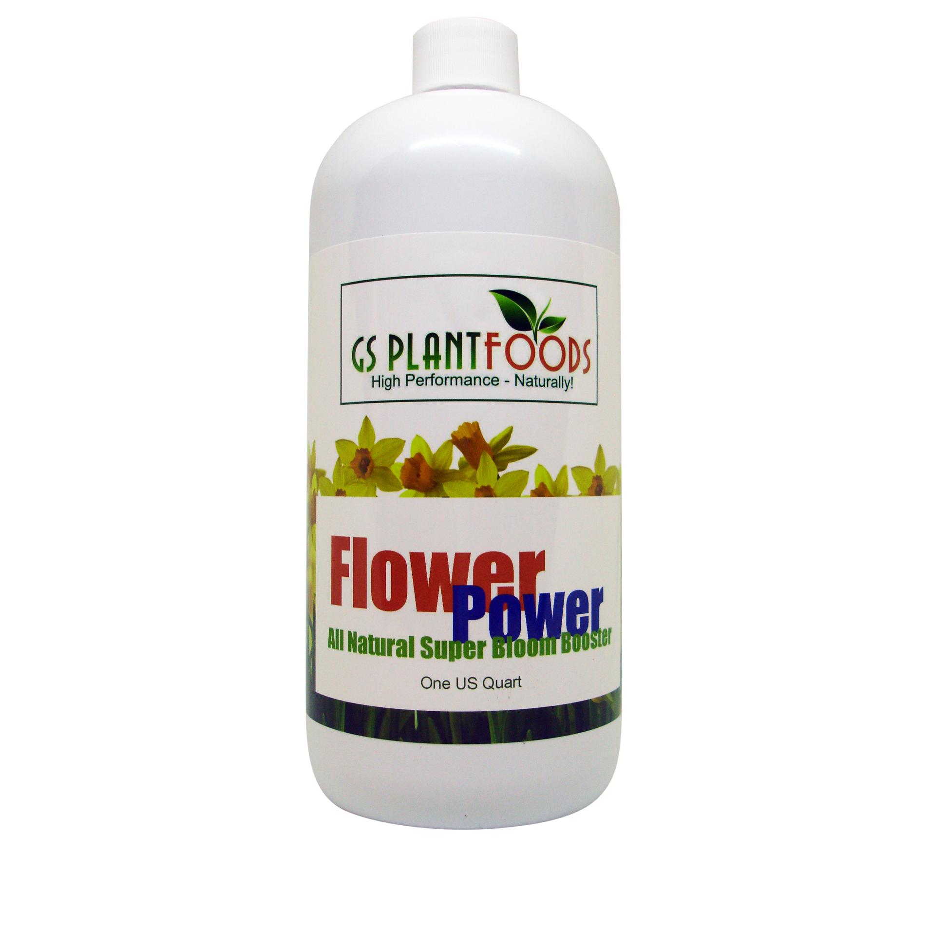 Bottle of GS Plant Foods Flower Power on a white background