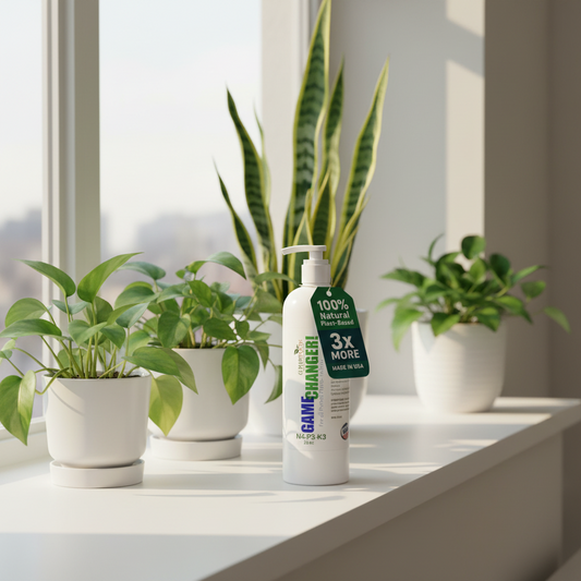 White bottle labeled 'Game Changer' and a cardboard box labeled 'Houseplant Superfood' on a white background.