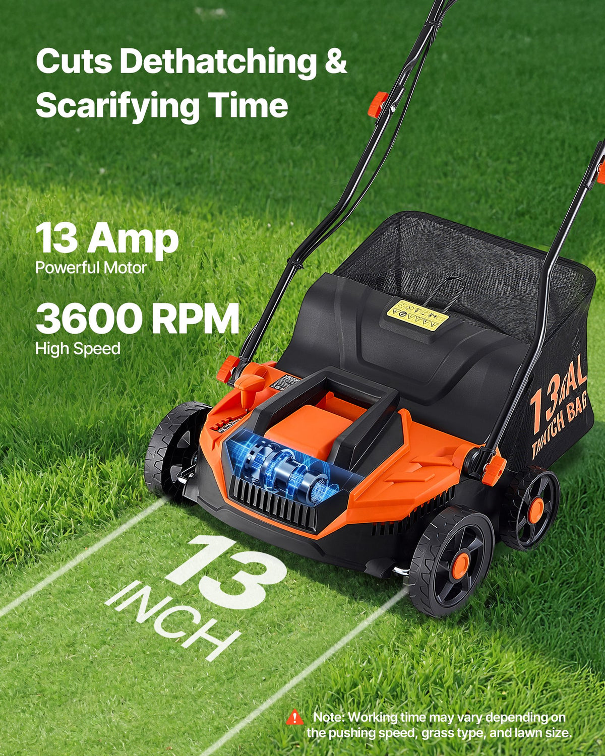 Garden dethatcher on grass with text highlighting features like 13 Amp motor and 3600 RPM.