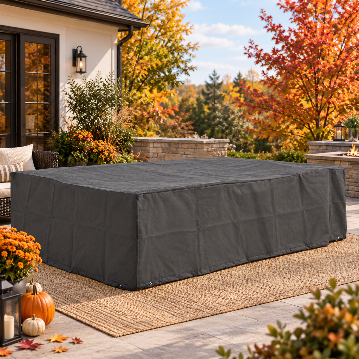 Gray outdoor sectional cover on a patio with fall foliage and a fire pit nearby
