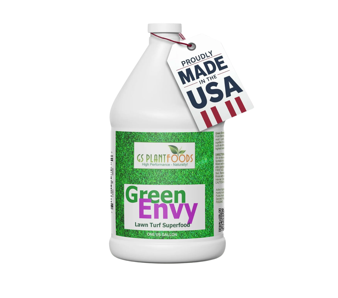 Bottle of Green Envy lawn turf superfood with a 'Made in the USA' tag on a white background