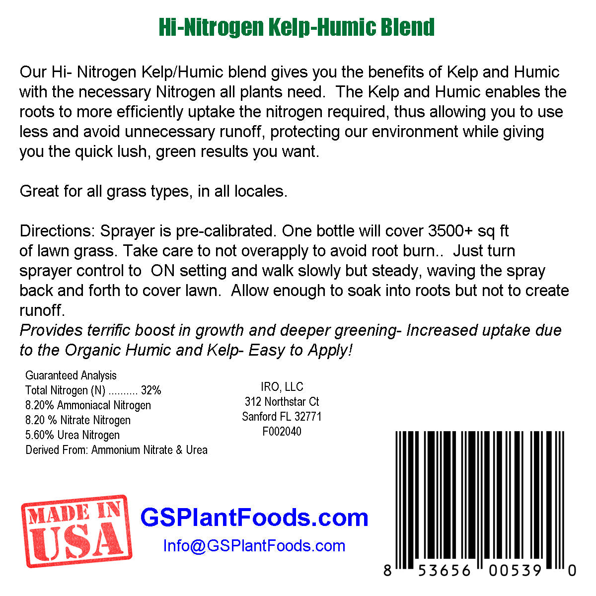 GS Plant Foods Hi-Nitrogen Kelp-Humic Blend Lawn Fertilizer 32-0-0