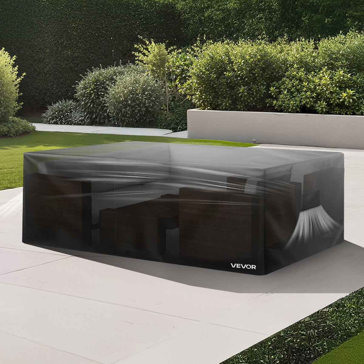 Outdoor furniture cover with branding on a patio