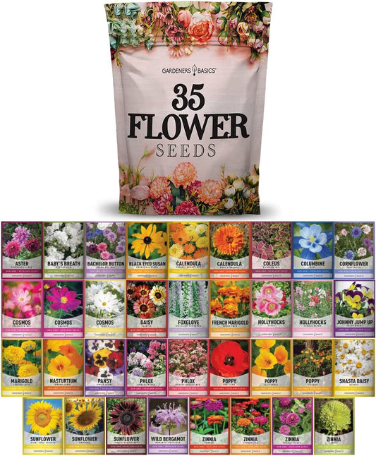 35 Flower Seed Variety Pack – Heirloom, Non-GMO, Pollinator Garden Mix