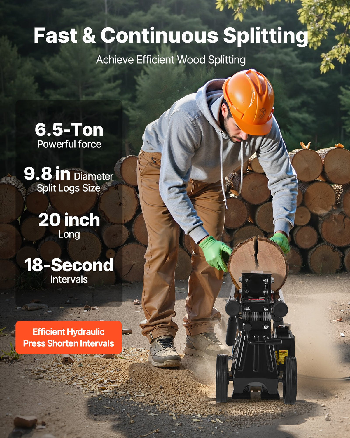 Person using a wood splitting machine with text highlighting features, set against a forest background.
