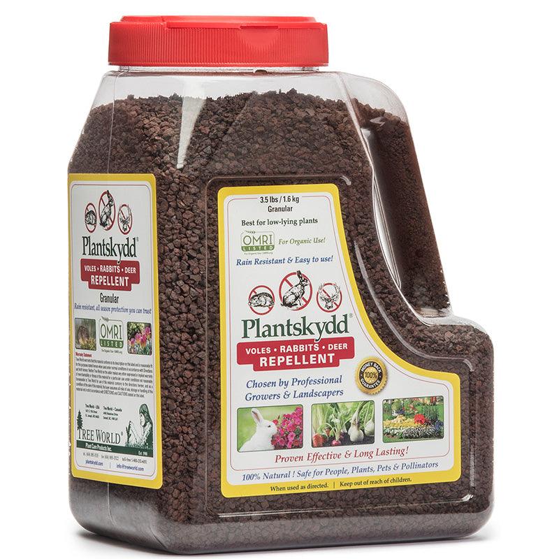 Plantskydd animal repellent granules in a clear container with a red lid on a white background