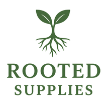Logo of Rooted Supplies with a green plant illustration on a white background