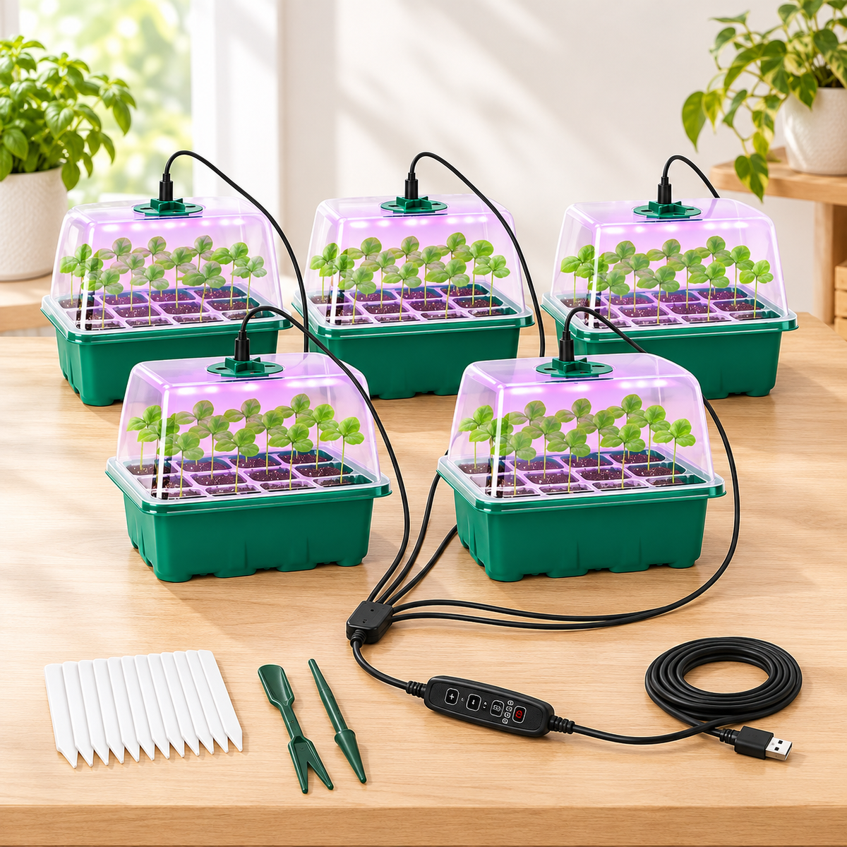 Five green seed starter trays under translucent purple dome grow lights on a wooden table, with a power cord, USB cable, white stakes, and small green tools in front. Potted plants are visible in the softly lit background.