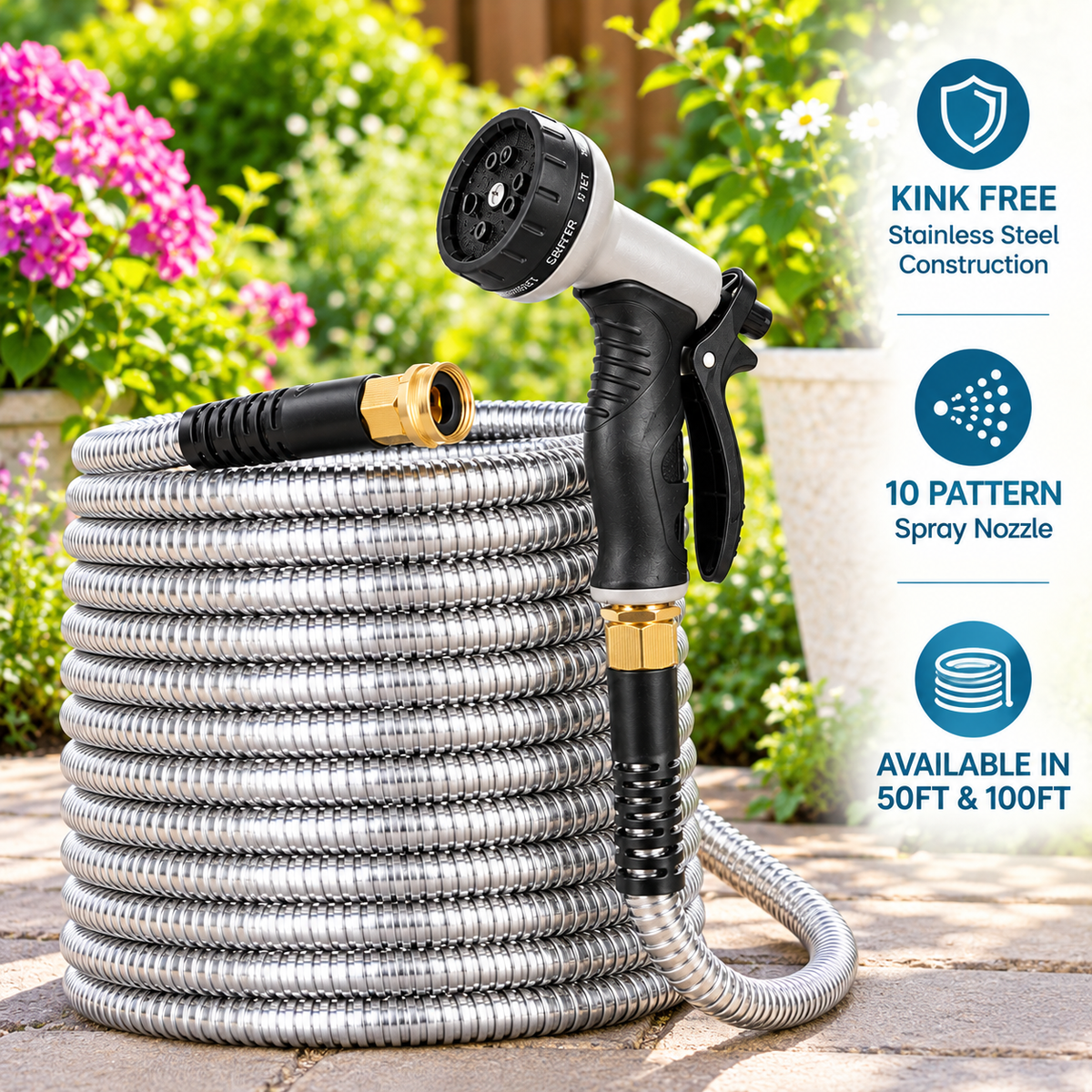 Stainless Steel Metal Garden Hose — Kink Free, 10-Pattern Spray Nozzle, 2 Nozzles | 50FT & 100FT