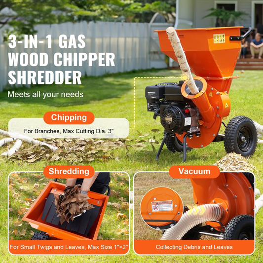 3-in-1 Gas Wood Chipper Shredder Mulcher for 3 Inch Branches with 7HP Engine