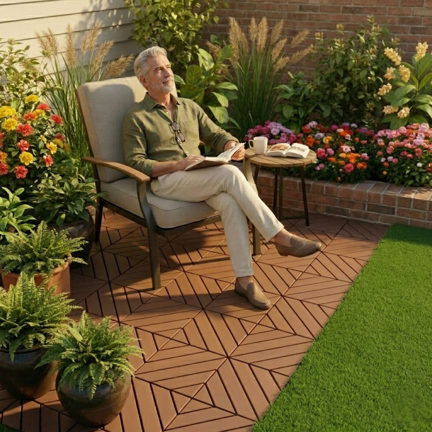44-Pack Interlocking Plastic Deck Tiles for Patio, Balcony, and Poolside, 12x12 in., Waterproof, 6 Styles