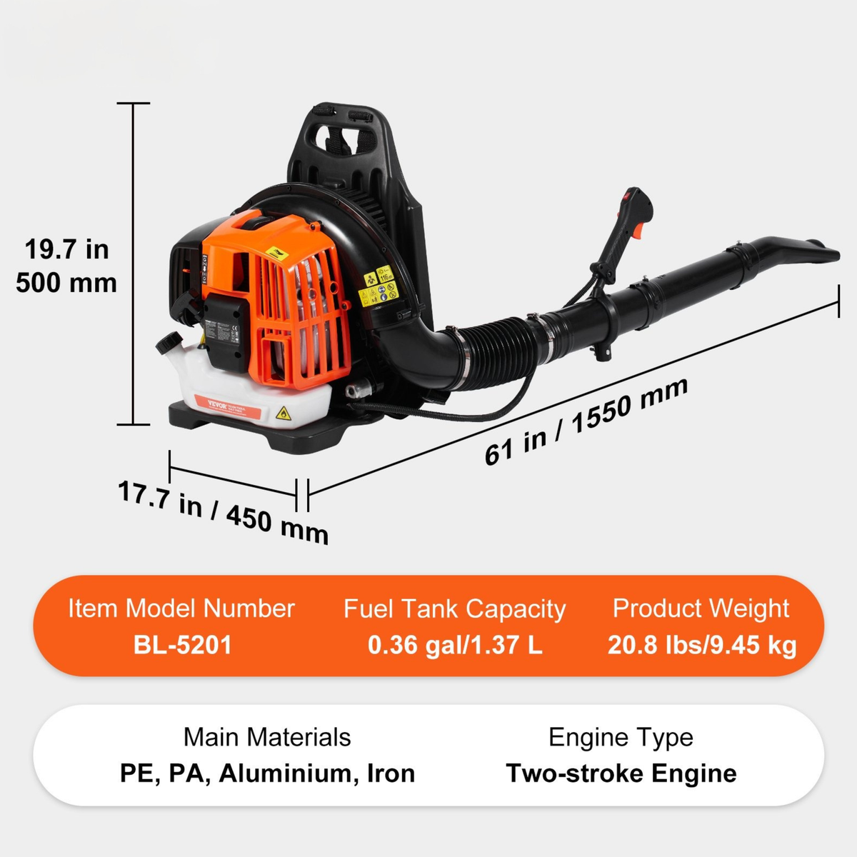 52cc Gas Backpack Leaf Blower, 480 CFM, 175 MPH