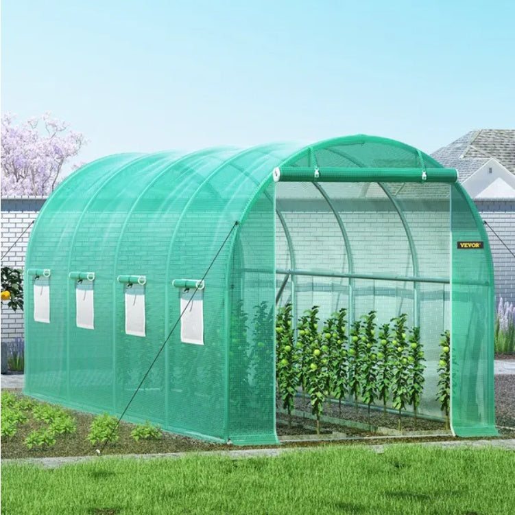 Green greenhouse with plants inside, set against a clear blue sky.