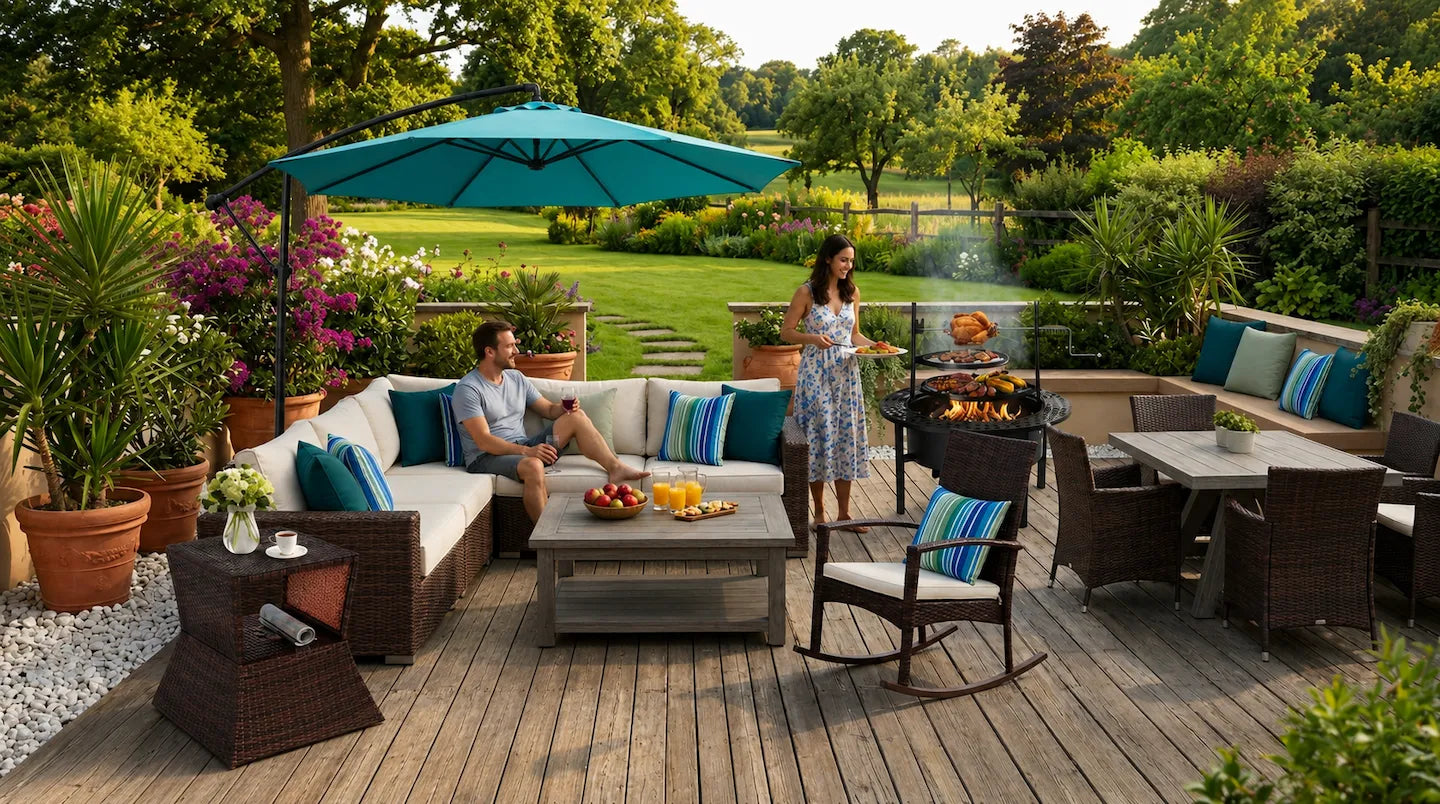 Outdoor patio furniture set on a wooden deck with two people relaxing and grilling in a lush garden backyard. The set includes a sectional sofa, coffee table, dining table and chairs, rocking chair, and a large teal patio umbrella.