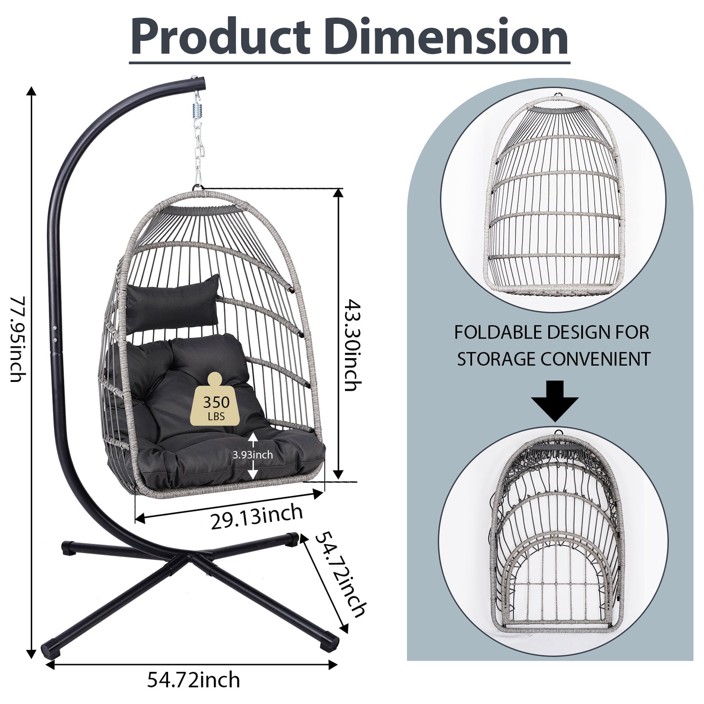 Gray Wicker Hanging Egg Chair – 350 lb Capacity, All-Weather, Foldable with Cushion