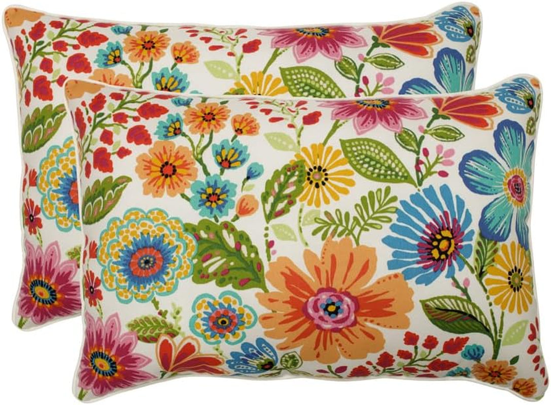 Floral Indoor/Outdoor Accent Throw Pillow Plush Fill, Weather, and Fade Resistant, Lumbar - 11.5" X 18.5", Blue/Brown Pom Pom Play 2 Count