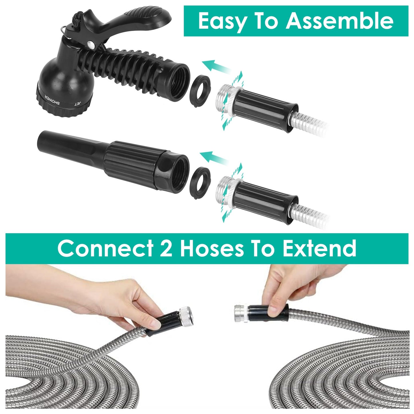 Heavy Duty Stainless Steel Garden Hose with Dual Spray Nozzles