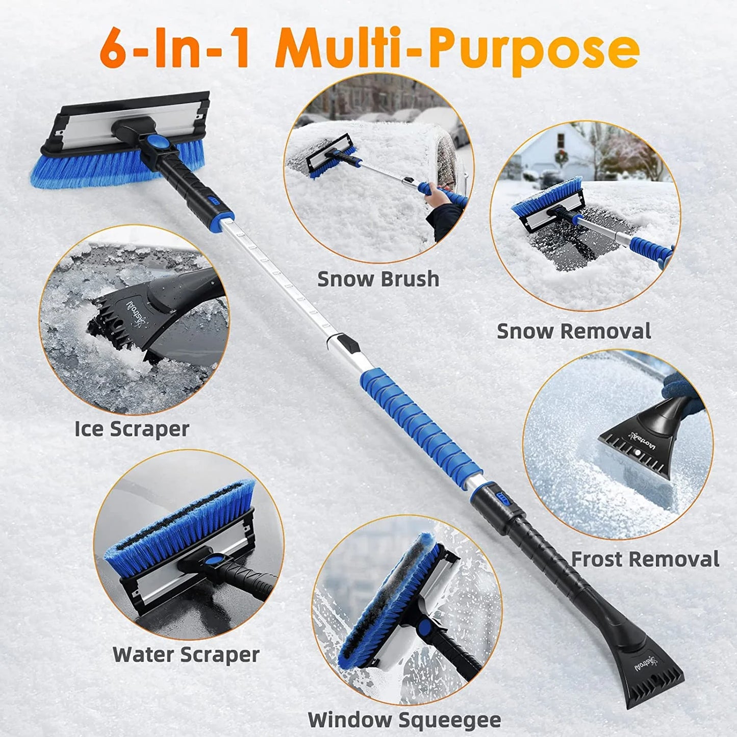 Ice Scrapers for Car Windshield, 47.2" Snow Brush with Squeegee, Exentable Handle, 270° Pivoting Snow Scraper for Car, Blue
