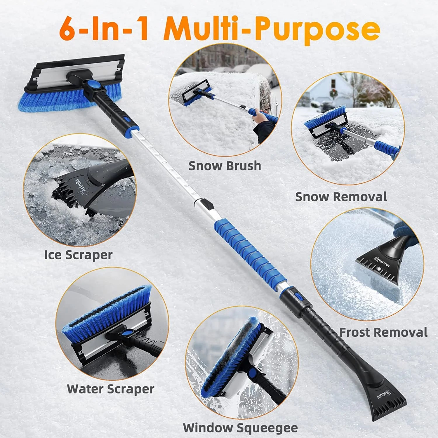 Ice Scrapers for Car Windshield, 47.2" Snow Brush with Squeegee, Exentable Handle, 270° Pivoting Snow Scraper for Car, Blue