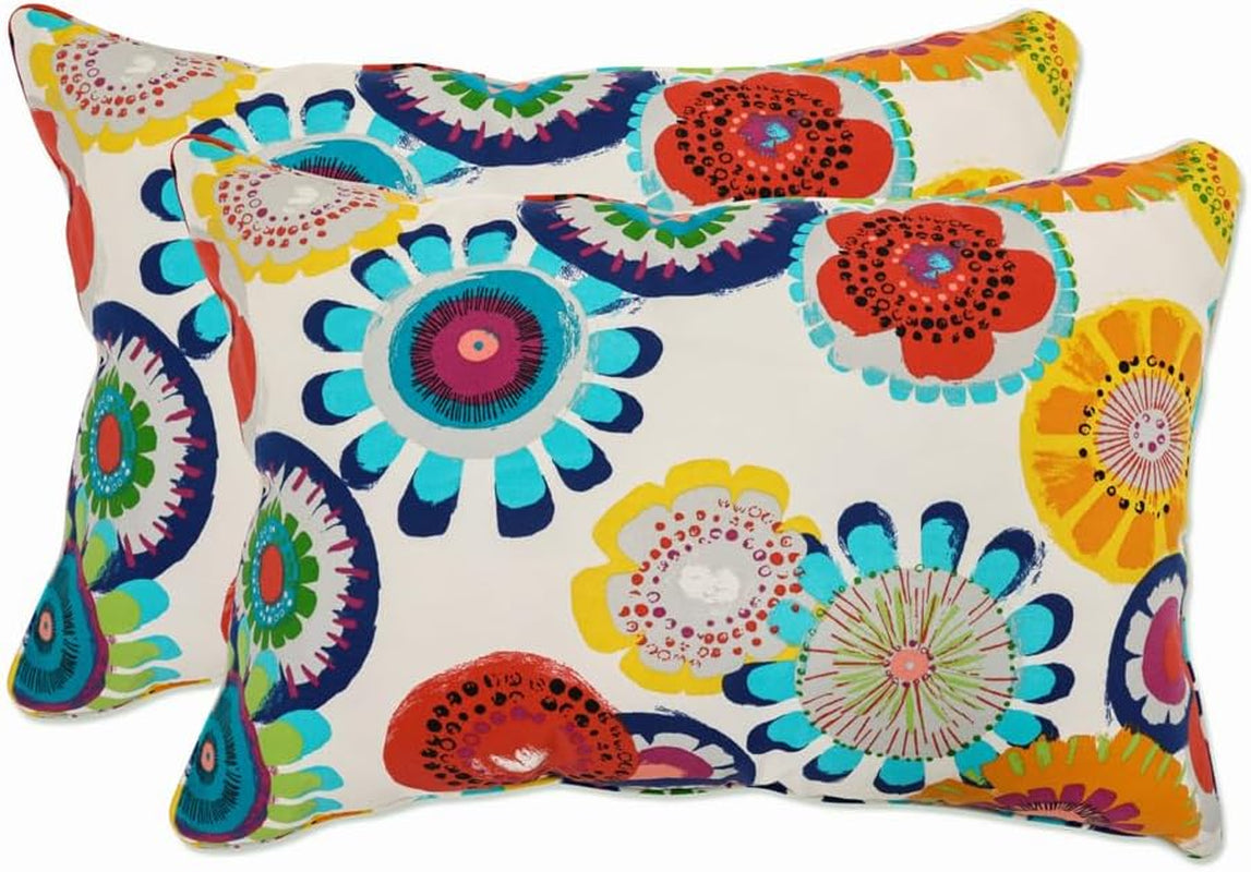 Floral Indoor/Outdoor Accent Throw Pillow Plush Fill, Weather, and Fade Resistant, Lumbar - 11.5" X 18.5", Blue/Brown Pom Pom Play 2 Count