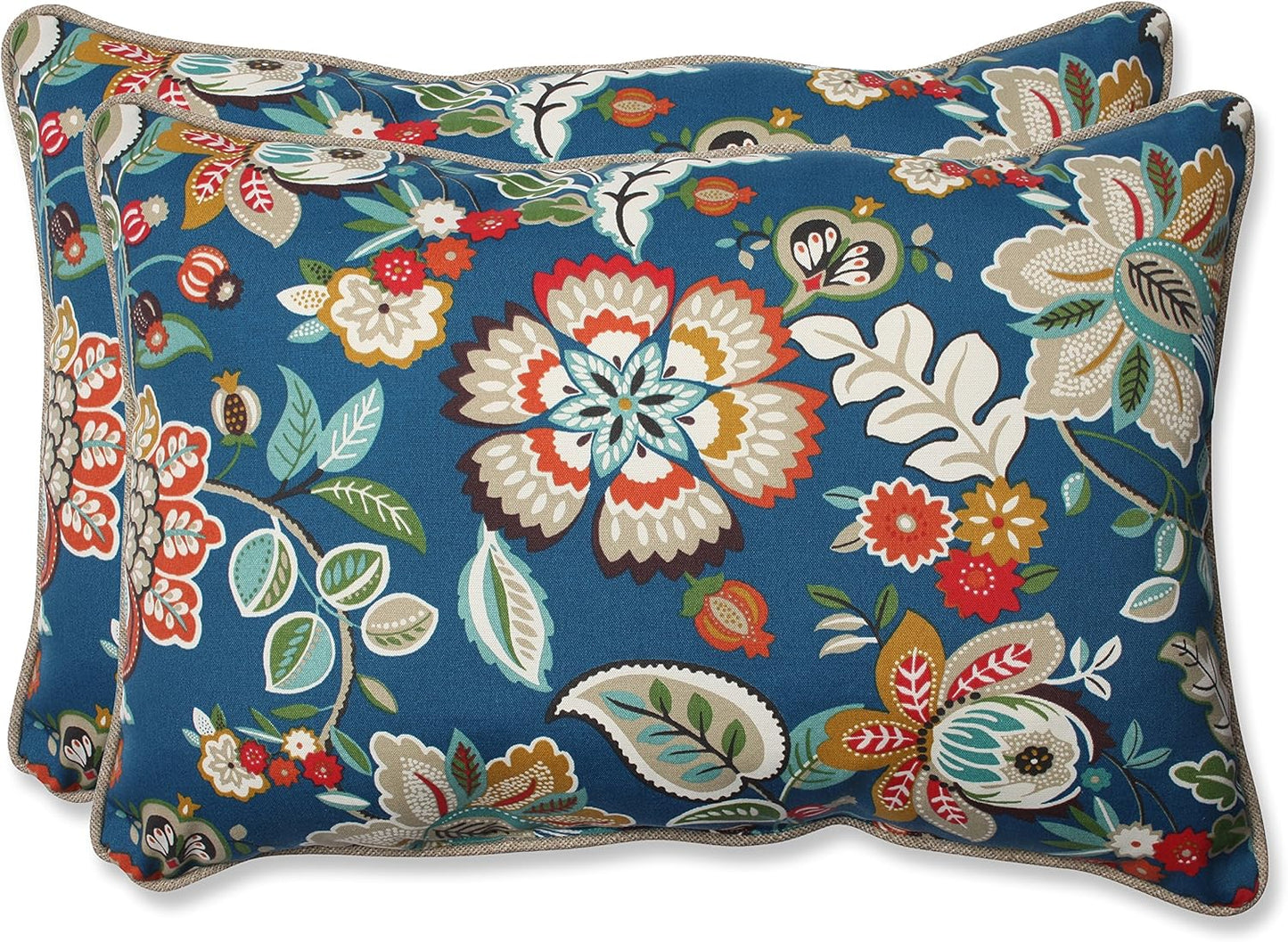 Floral Indoor/Outdoor Accent Throw Pillow Plush Fill, Weather, and Fade Resistant, Lumbar - 11.5" X 18.5", Blue/Brown Pom Pom Play 2 Count