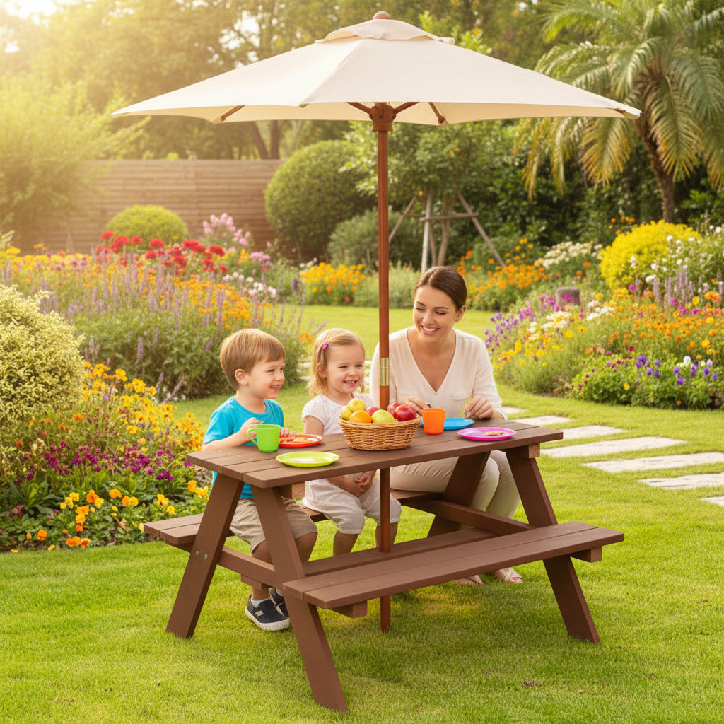 Wooden picnic table with a white umbrella on a grassy area with flowers and a building in the background.