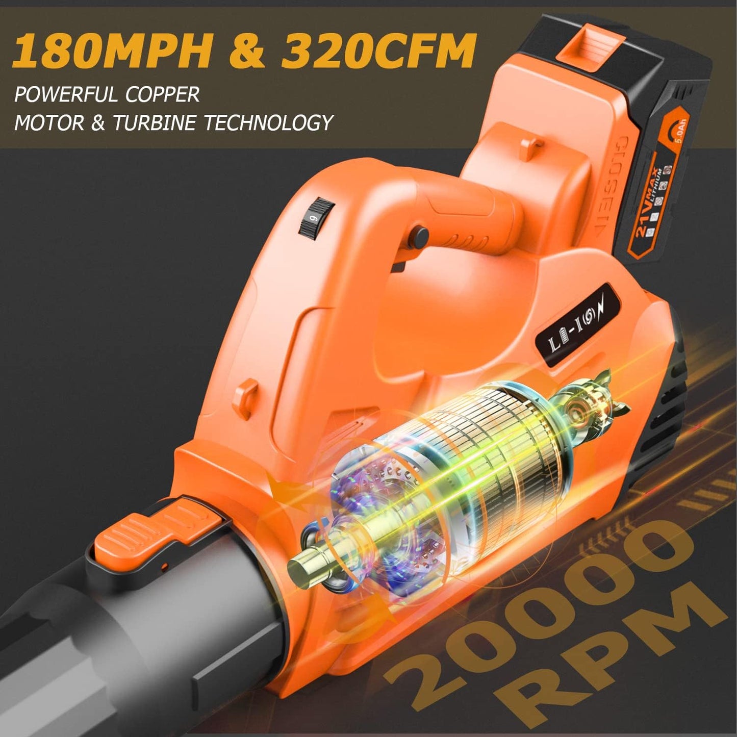 Cordless Leaf Blower, 320 CFM 180 MPH 5.0Ah Battery Operated Leaf Blower with Battery and Charger, 21V Electric Blower with 6 Variable Speed Control for Lawn Care, Blow Leaf, Snow Debris, Dust