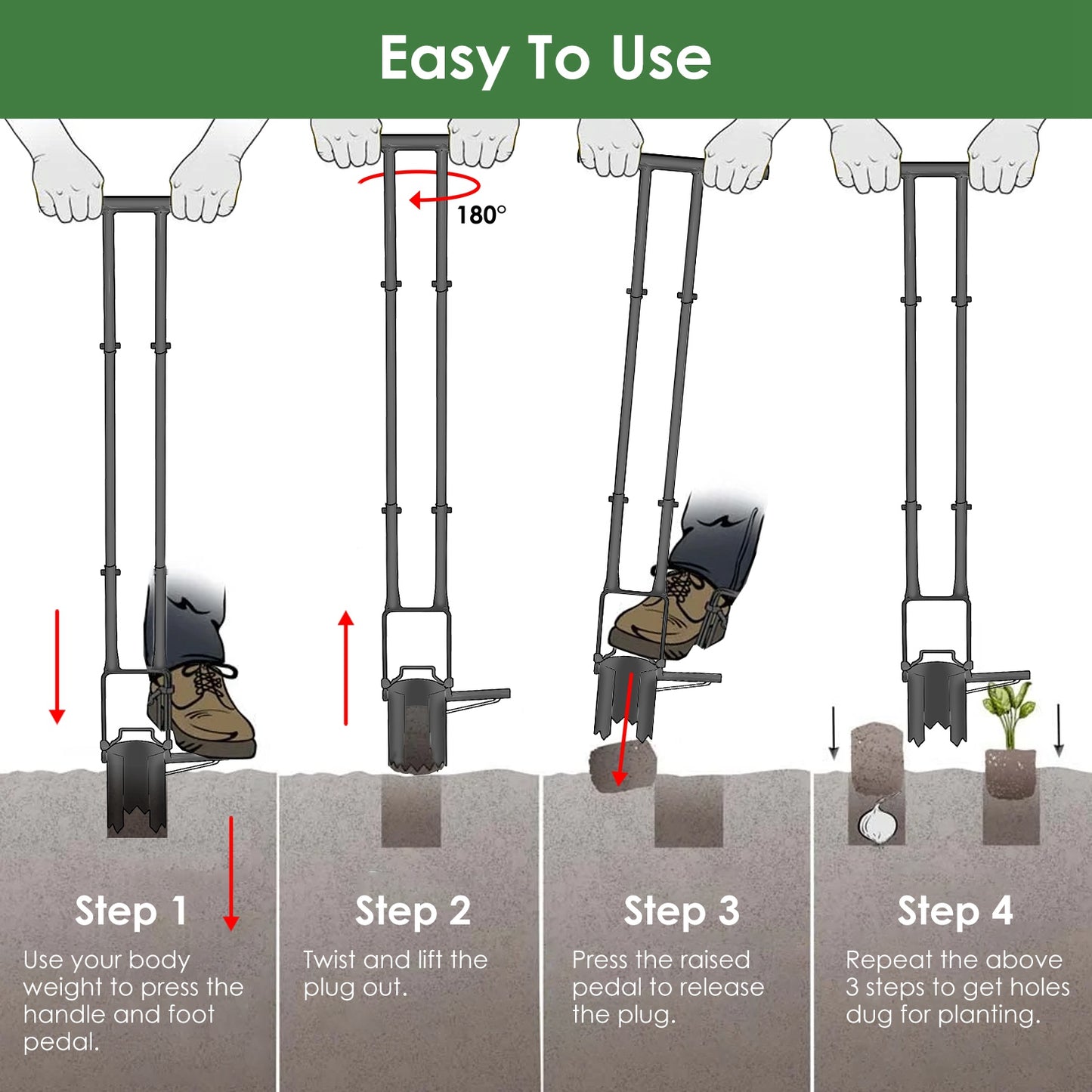 Stand-Up Bulb Planter & Garden Tool — 37.4" Long Handle, Foot-Pedal Design, Handles 5 Garden Jobs