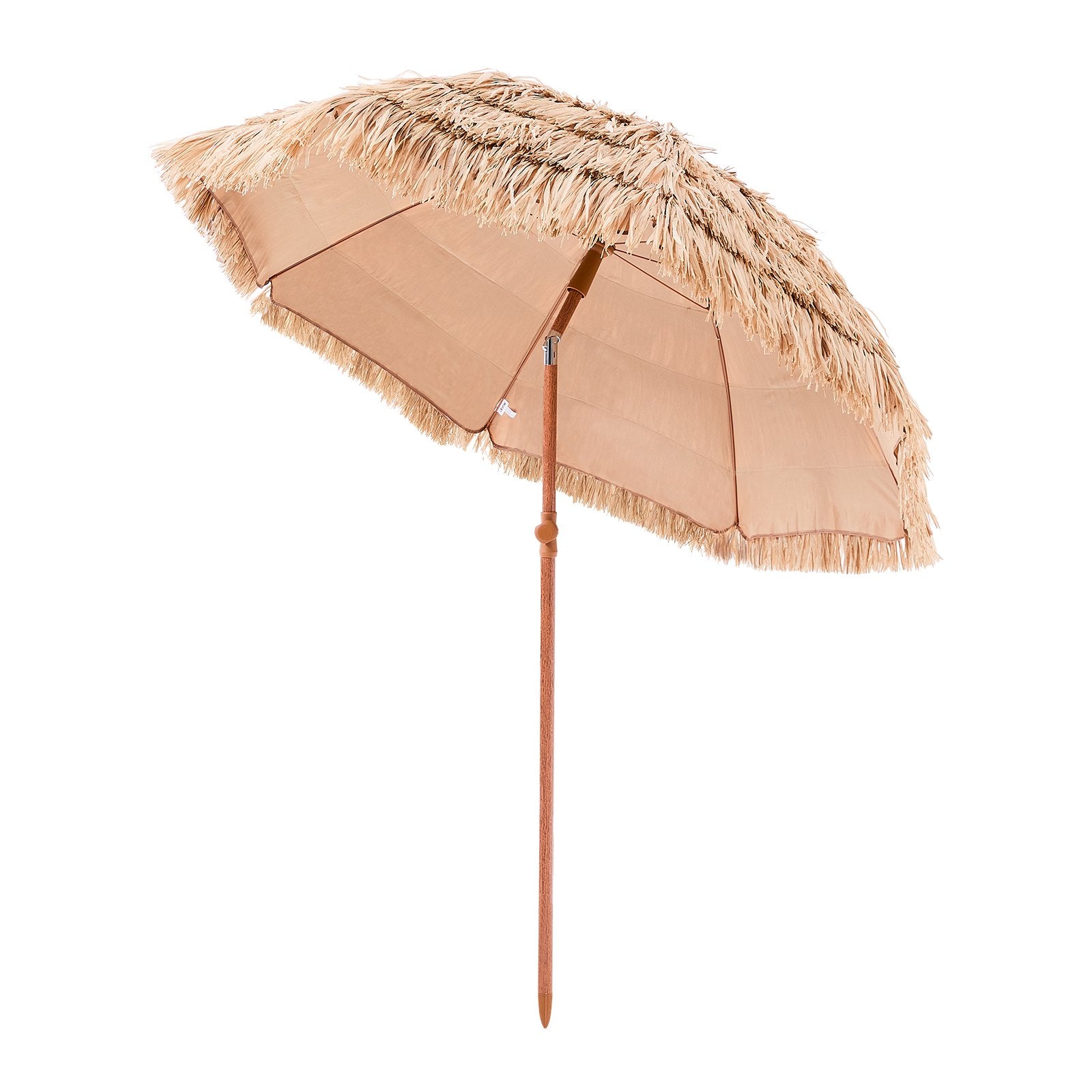 Beige tiki-style umbrella with a wooden handle on a white background