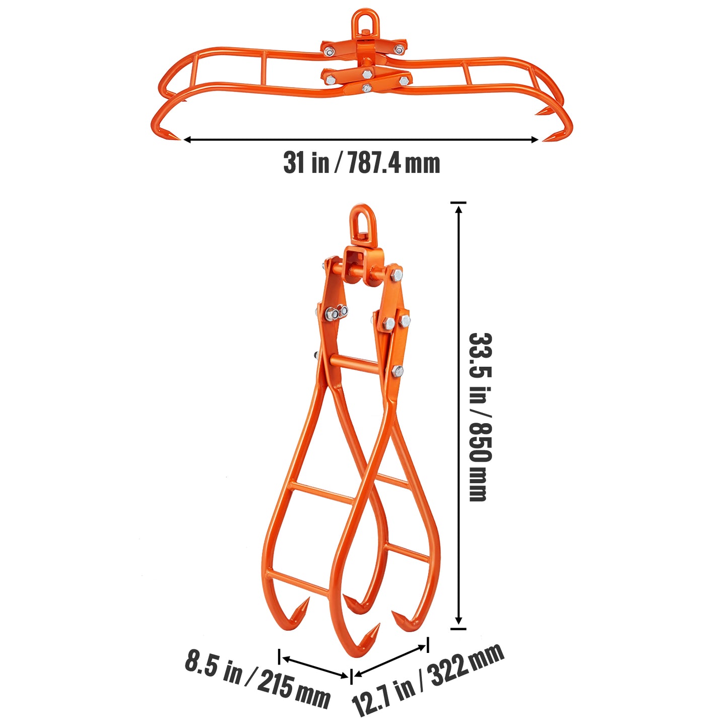 28" Log Grapple Hook with 4 Claws - 2205 lb Capacity Timber Lifting Tongs