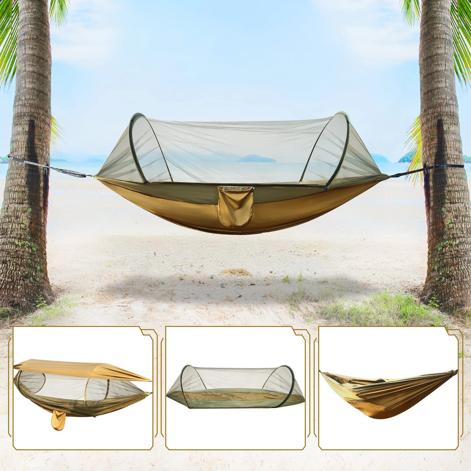 Camping Hammock, 4 in 1 Portable Hammock Tent, 2 Person Pop-Up Hammock with Mosquito Net & Sunshade Cloth & Tree Straps, 550Lbs Max Load Heavy Duty Tree Hammock for Outdoor Camping