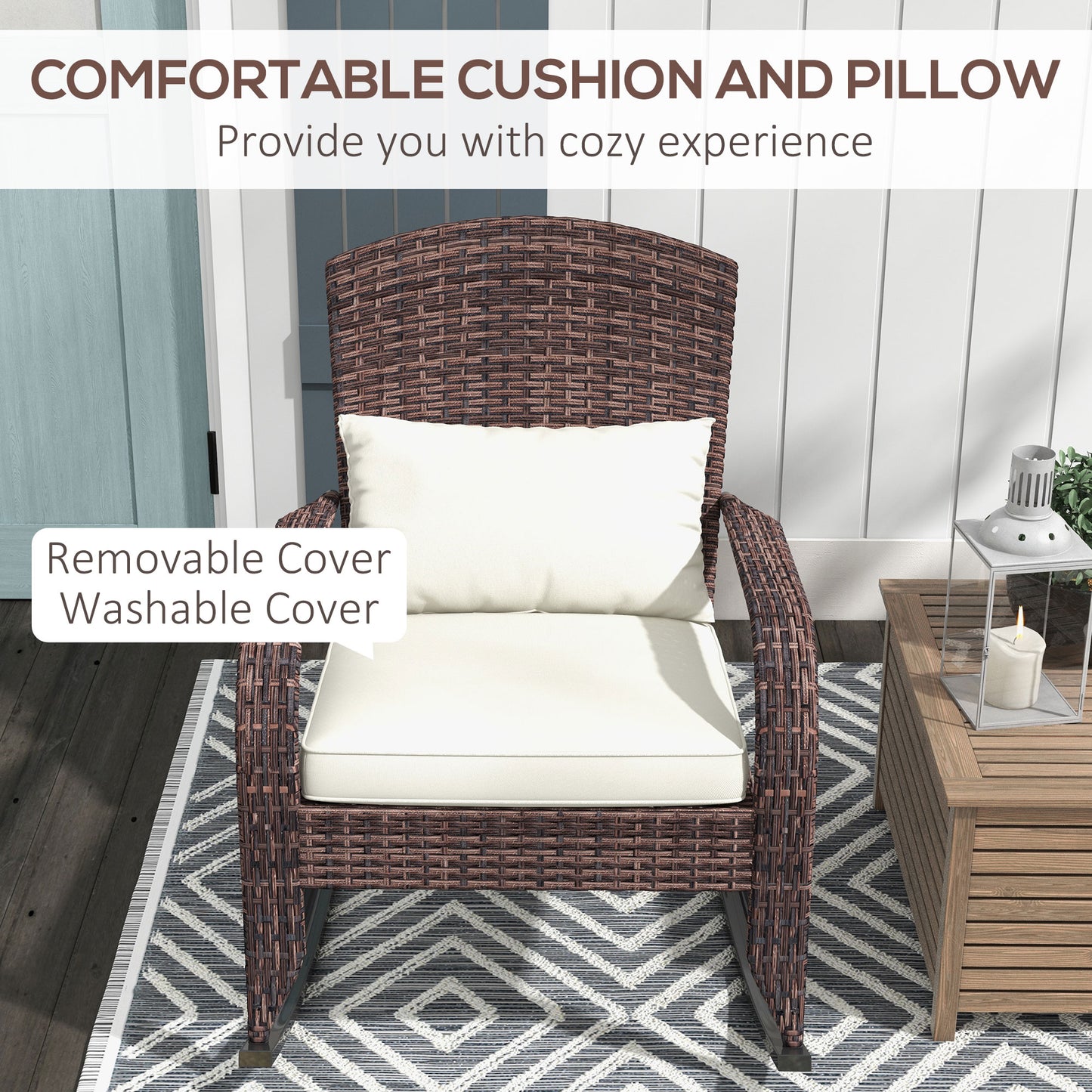 Outdoor Wicker Rocking Chair with High Back Cushion and Pillow, Adirondack Style