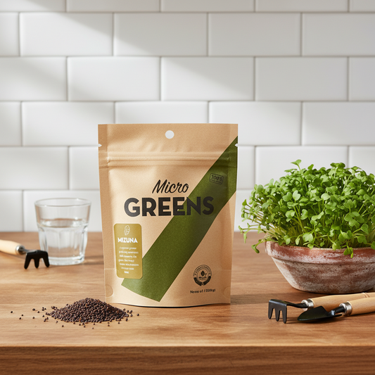 Mizzuna microgreens packaging with seeds on a white background
